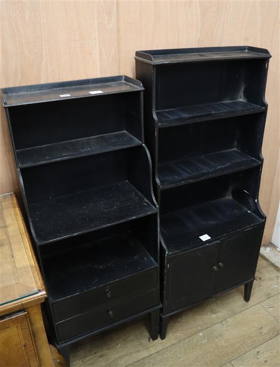 Two Regency style black painted waterfall bookcases Larger H.128cm